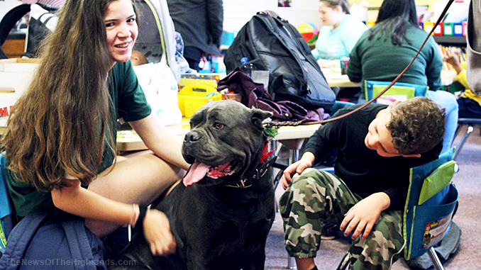 Therapy dog visiting elementary school students